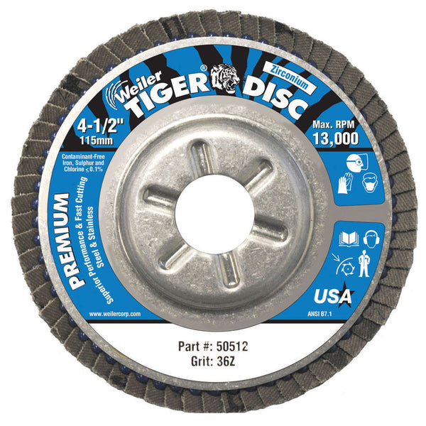 Weiler Tiger Disc Angled Style 4-1/2" Flap Discs (7/8" Arbor) - AMMC
